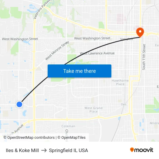 Iles & Koke Mill to Springfield IL USA map
