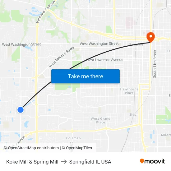 Koke Mill & Spring Mill to Springfield IL USA map