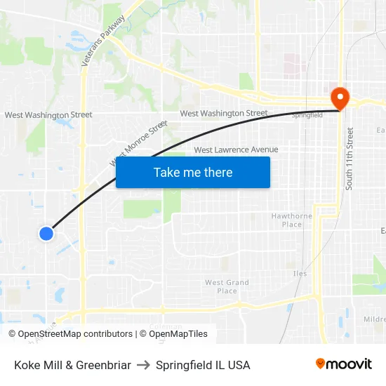 Koke Mill & Greenbriar to Springfield IL USA map
