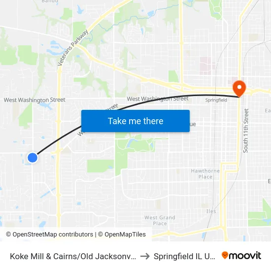 Koke Mill & Cairns/Old Jacksonville to Springfield IL USA map