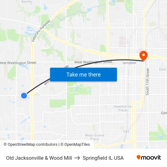 Old Jacksonville & Wood Mill to Springfield IL USA map