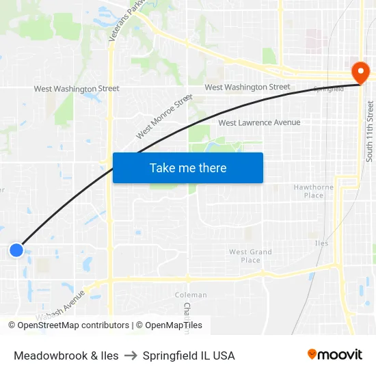 Meadowbrook & Iles to Springfield IL USA map