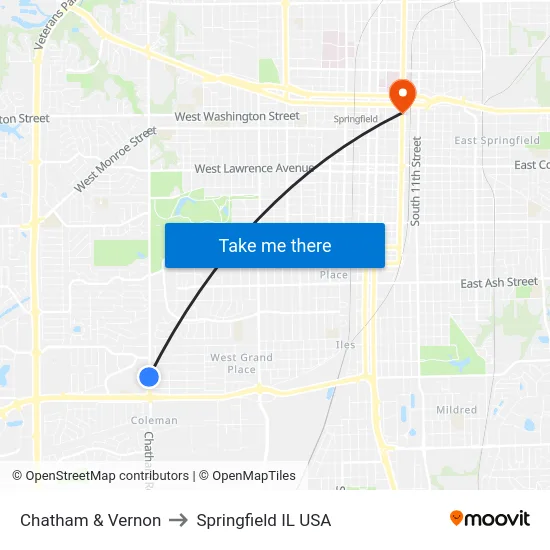 Chatham & Vernon to Springfield IL USA map