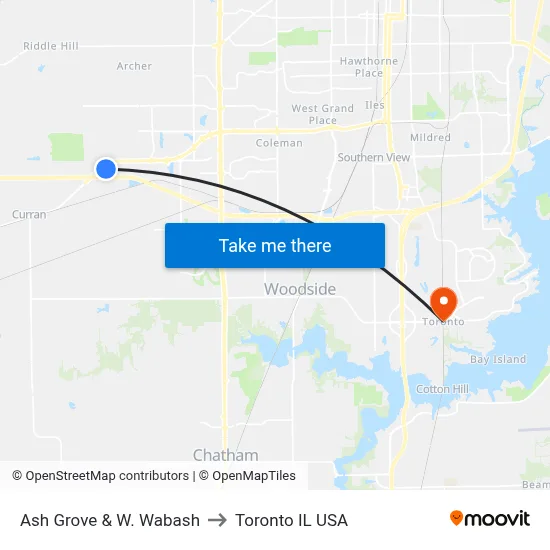 Ash Grove & W. Wabash to Toronto IL USA map