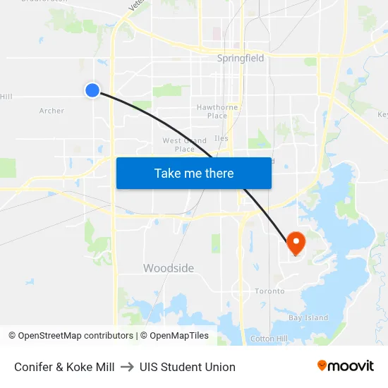 Conifer & Koke Mill to UIS Student Union map