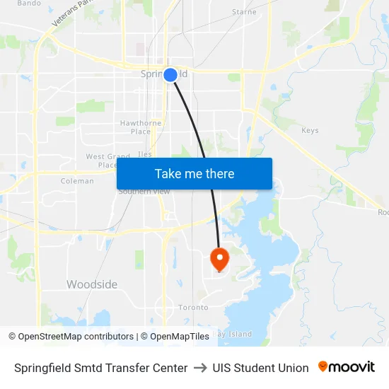 Springfield Smtd Transfer Center to UIS Student Union map