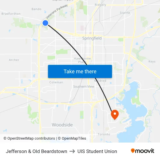 Jefferson & Old Beardstown to UIS Student Union map