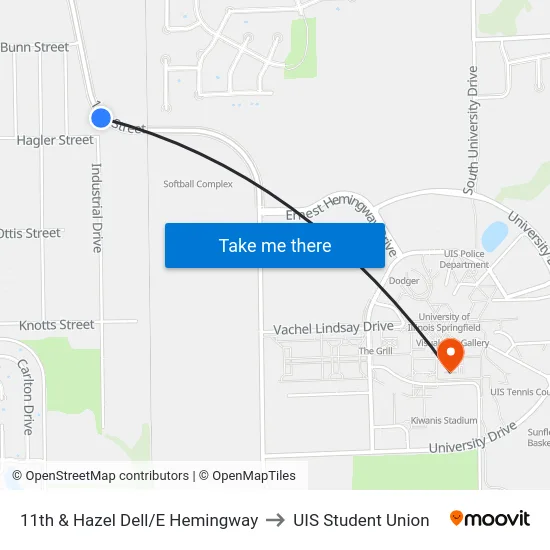 11th & Hazel Dell/E Hemingway to UIS Student Union map