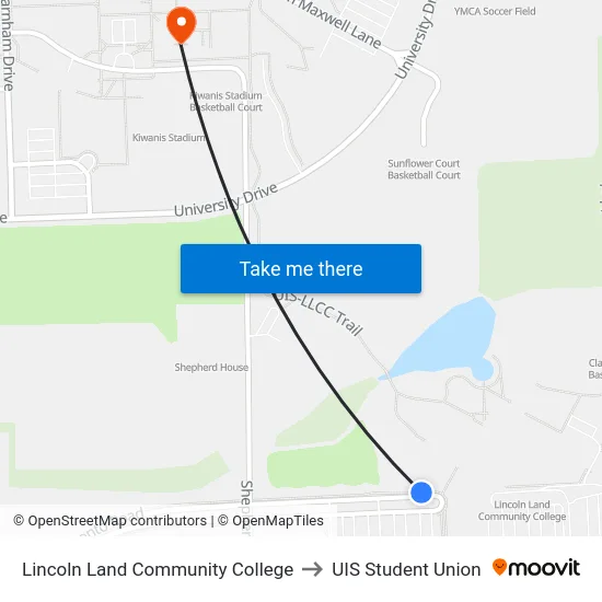 Lincoln Land Community College to UIS Student Union map