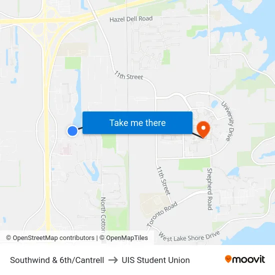 Southwind & 6th/Cantrell to UIS Student Union map