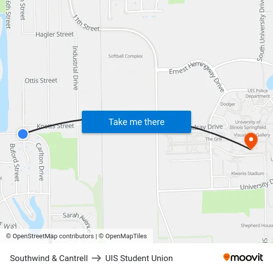 Southwind & Cantrell to UIS Student Union map