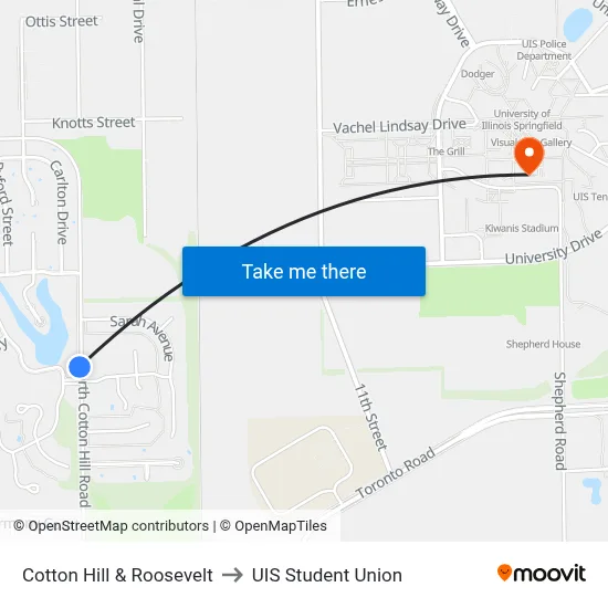 Cotton Hill & Roosevelt to UIS Student Union map
