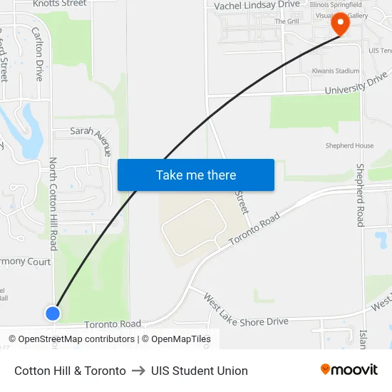Cotton Hill & Toronto to UIS Student Union map