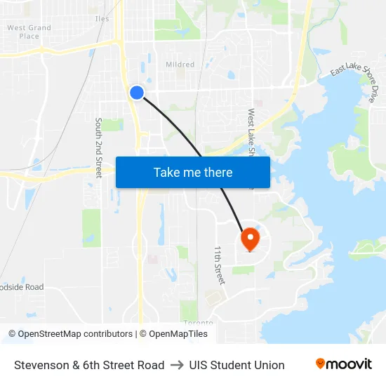 Stevenson & 6th Street Road to UIS Student Union map