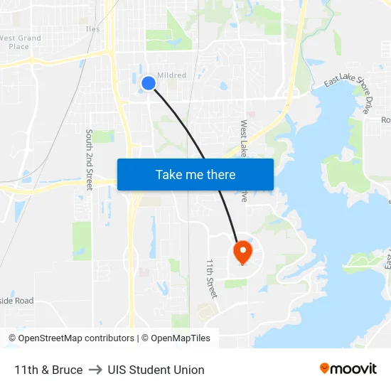 11th & Bruce to UIS Student Union map