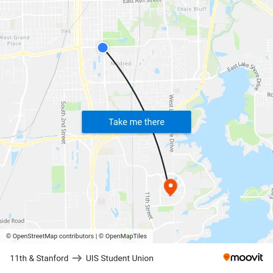 11th & Stanford to UIS Student Union map