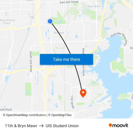 11th & Bryn Mawr to UIS Student Union map