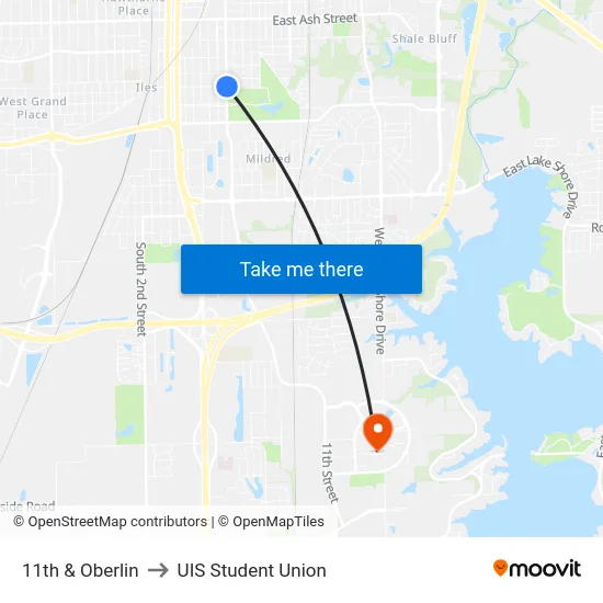 11th & Oberlin to UIS Student Union map