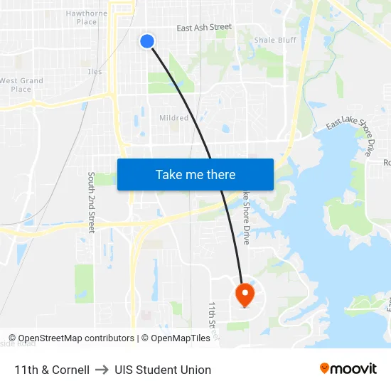 11th & Cornell to UIS Student Union map