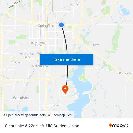 Clear Lake & 22nd to UIS Student Union map