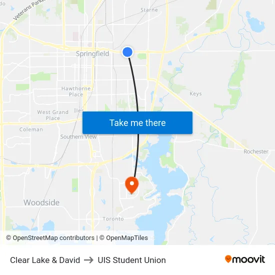 Clear Lake & David to UIS Student Union map