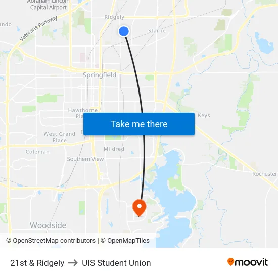 21st & Ridgely to UIS Student Union map