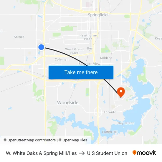 W. White Oaks & Spring Mill/Iles to UIS Student Union map