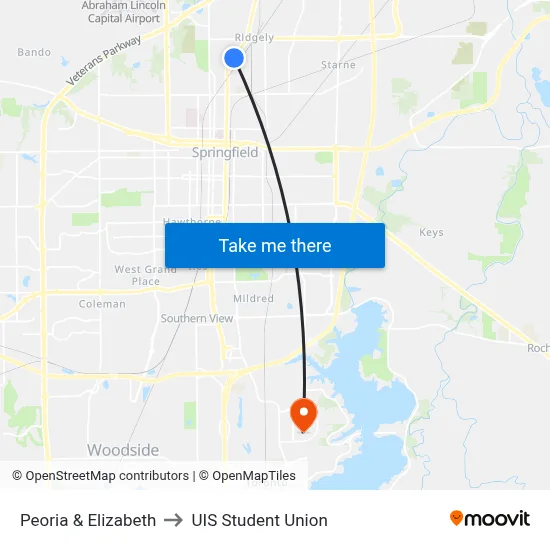Peoria & Elizabeth to UIS Student Union map