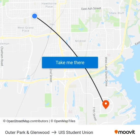 Outer Park & Glenwood to UIS Student Union map