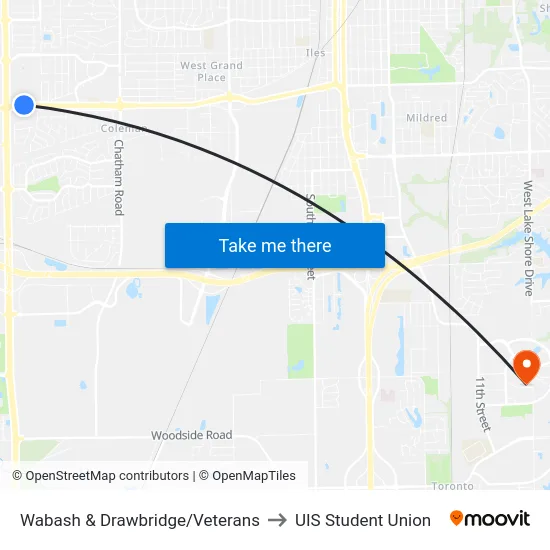 Wabash & Drawbridge/Veterans to UIS Student Union map