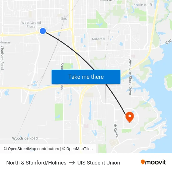 North & Stanford/Holmes to UIS Student Union map
