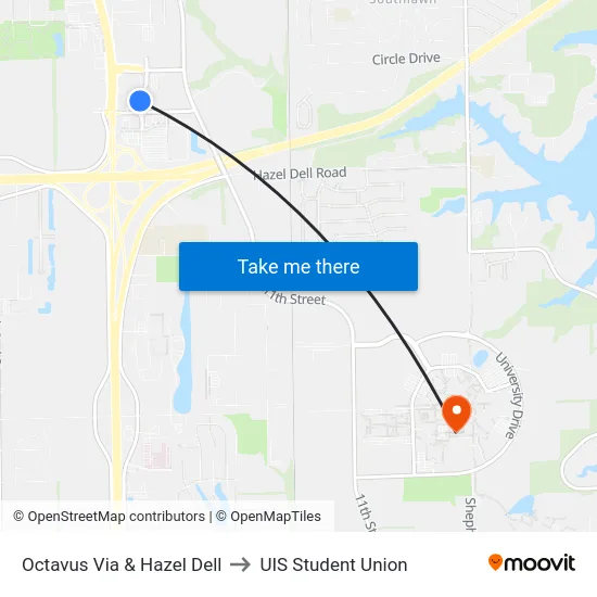 Octavus Via & Hazel Dell to UIS Student Union map