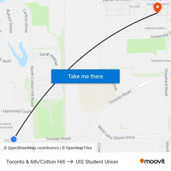 Toronto & 6th/Cotton Hill to UIS Student Union map