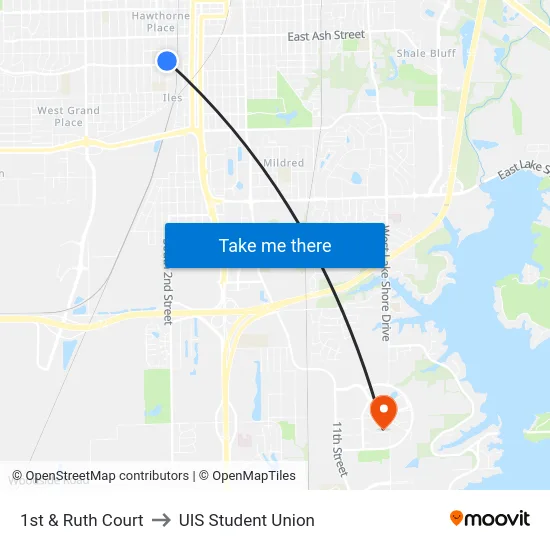1st & Ruth Court to UIS Student Union map