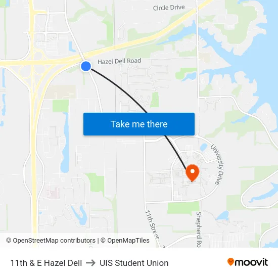 11th & E Hazel Dell to UIS Student Union map