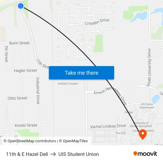 11th & E Hazel Dell to UIS Student Union map