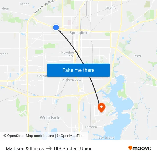 Madison & Illinois to UIS Student Union map