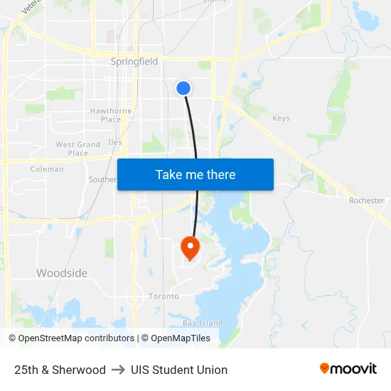 25th & Sherwood to UIS Student Union map