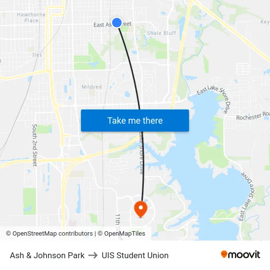 Ash & Johnson Park to UIS Student Union map