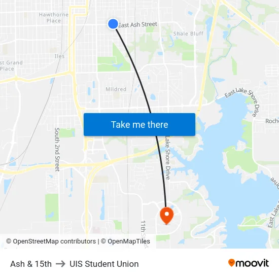 Ash & 15th to UIS Student Union map