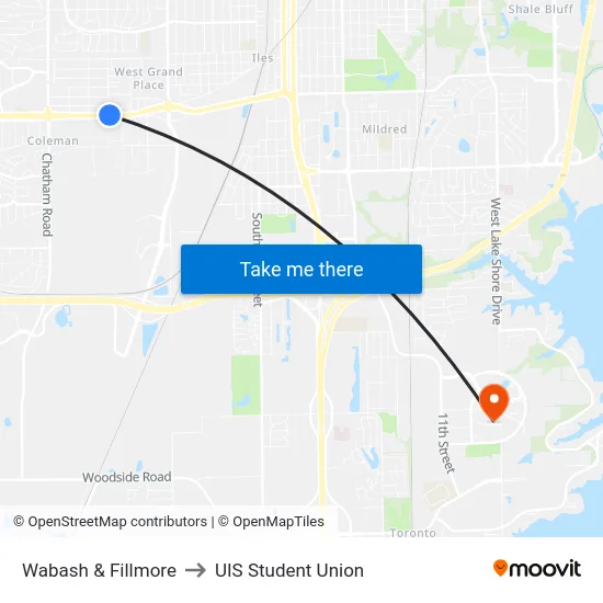 Wabash & Fillmore to UIS Student Union map