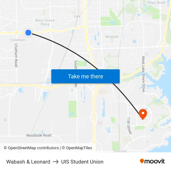 Wabash & Leonard to UIS Student Union map