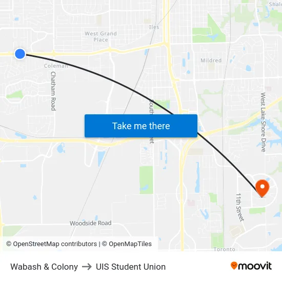 Wabash & Colony to UIS Student Union map