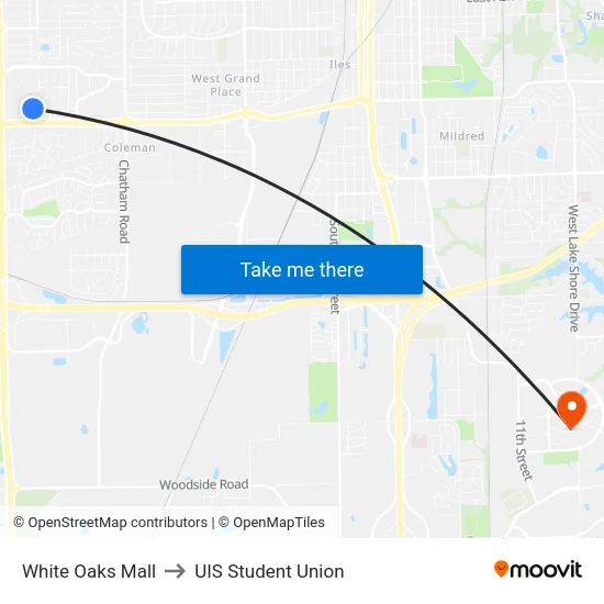 White Oaks Mall to UIS Student Union map