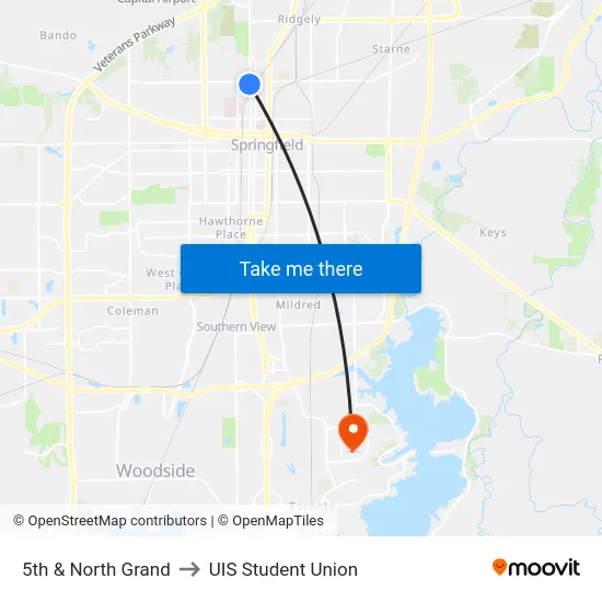 5th & North Grand to UIS Student Union map