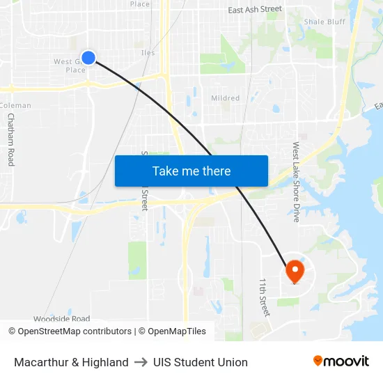 Macarthur & Highland to UIS Student Union map