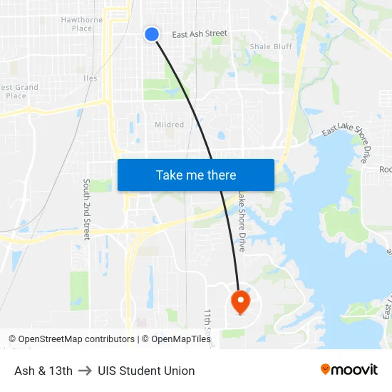 Ash & 13th to UIS Student Union map