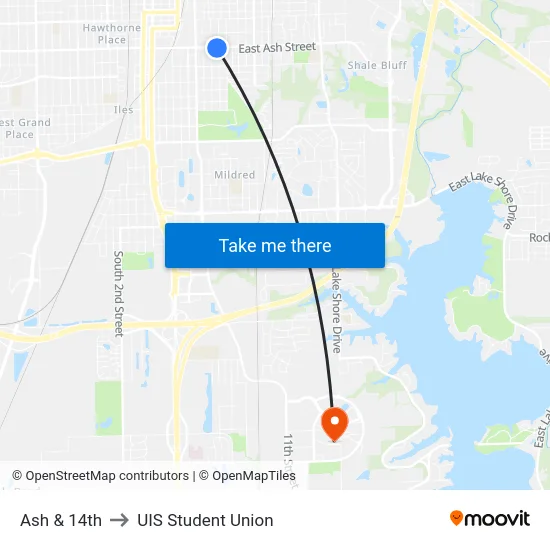Ash & 14th to UIS Student Union map
