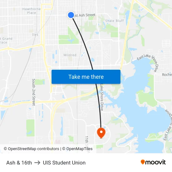 Ash & 16th to UIS Student Union map