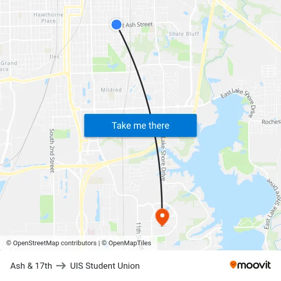 Ash & 17th to UIS Student Union map